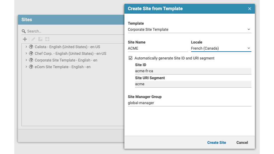 Create Site Dialog